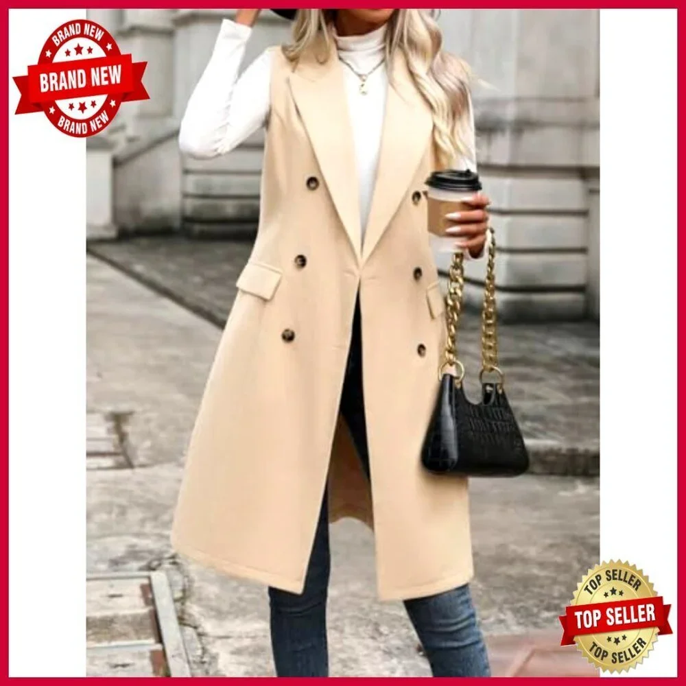 Medium Wool Blend Vest Sleeveless Blazer Jacket Knee Length Outerwear